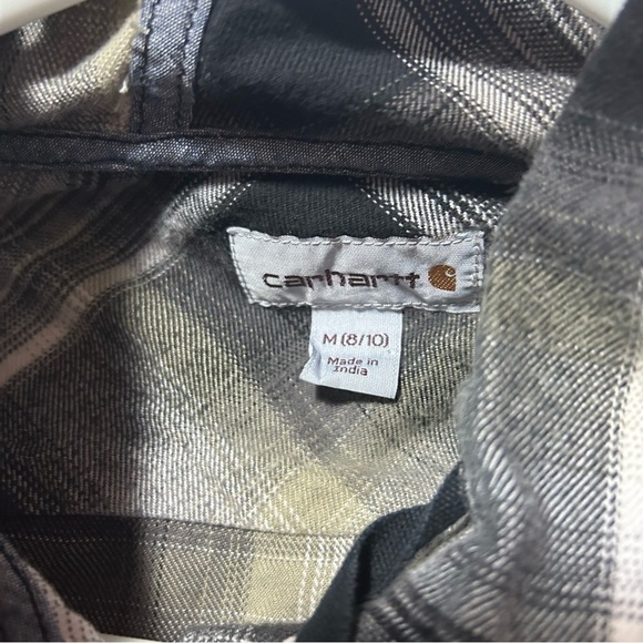 Carhartt Flannel Plaid Hooded Medium Button Down Shirt Oversized Gray Tan - Picture 3 of 6